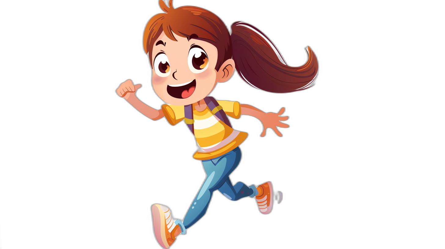 A cute little girl with pigtails is running, happy expression, simple background, black background, cartoon style, Disney Pixar animation style, full body shot, wearing yellow and white striped shirt, blue jeans, orange sneakers, dark brown hair in ponytail hairstyle, colorful , high definition details