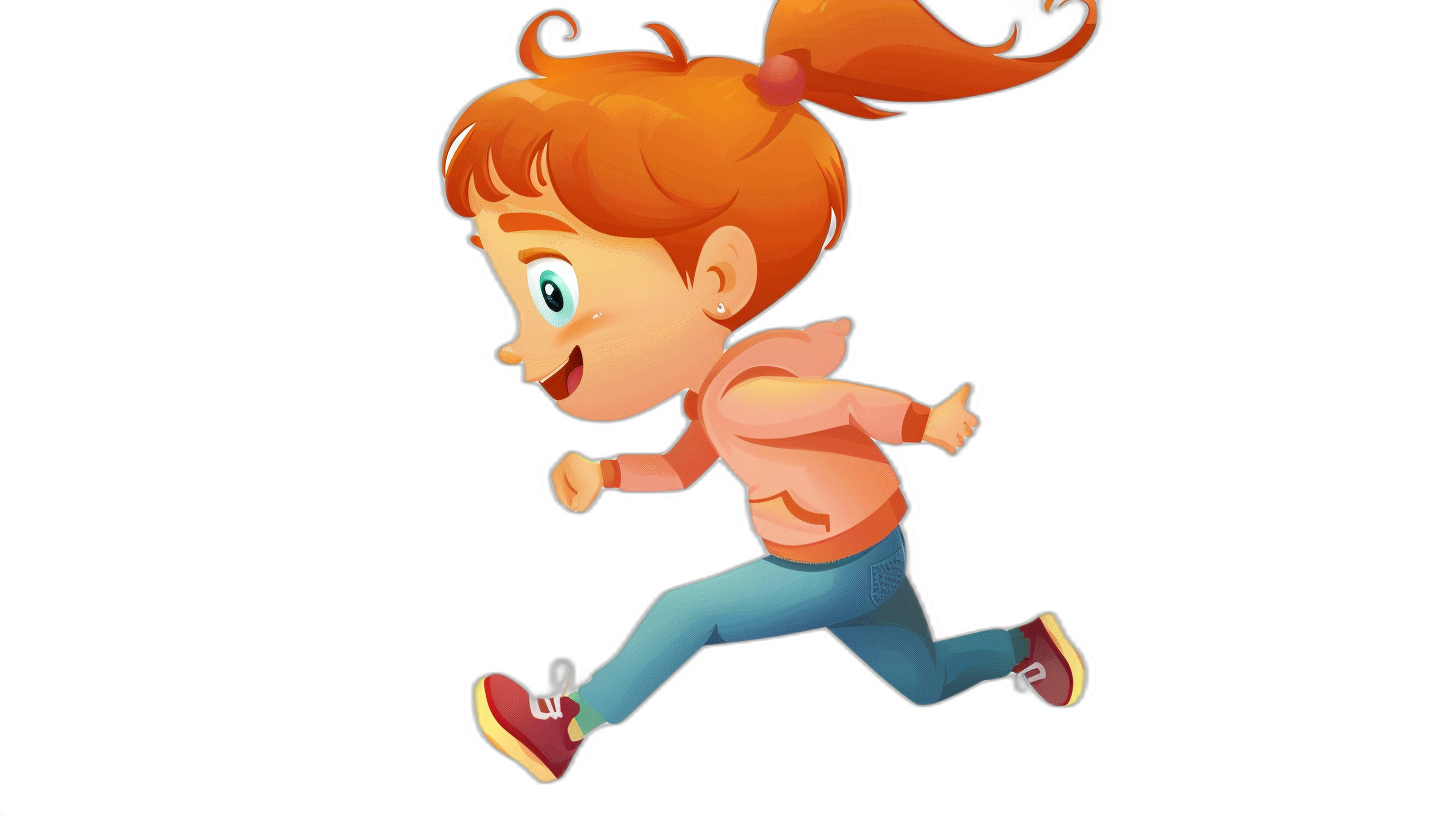 A cute little girl is running, with red hair and blue jeans in the style of Pixar animation. A full body shot shows her jumping up happily against a black background. The cartoon character has a simple 2D game art style with cute cartoon illustration using simple lines and vector graphics. Solid color blocks are used with minimal details to create a high definition image.