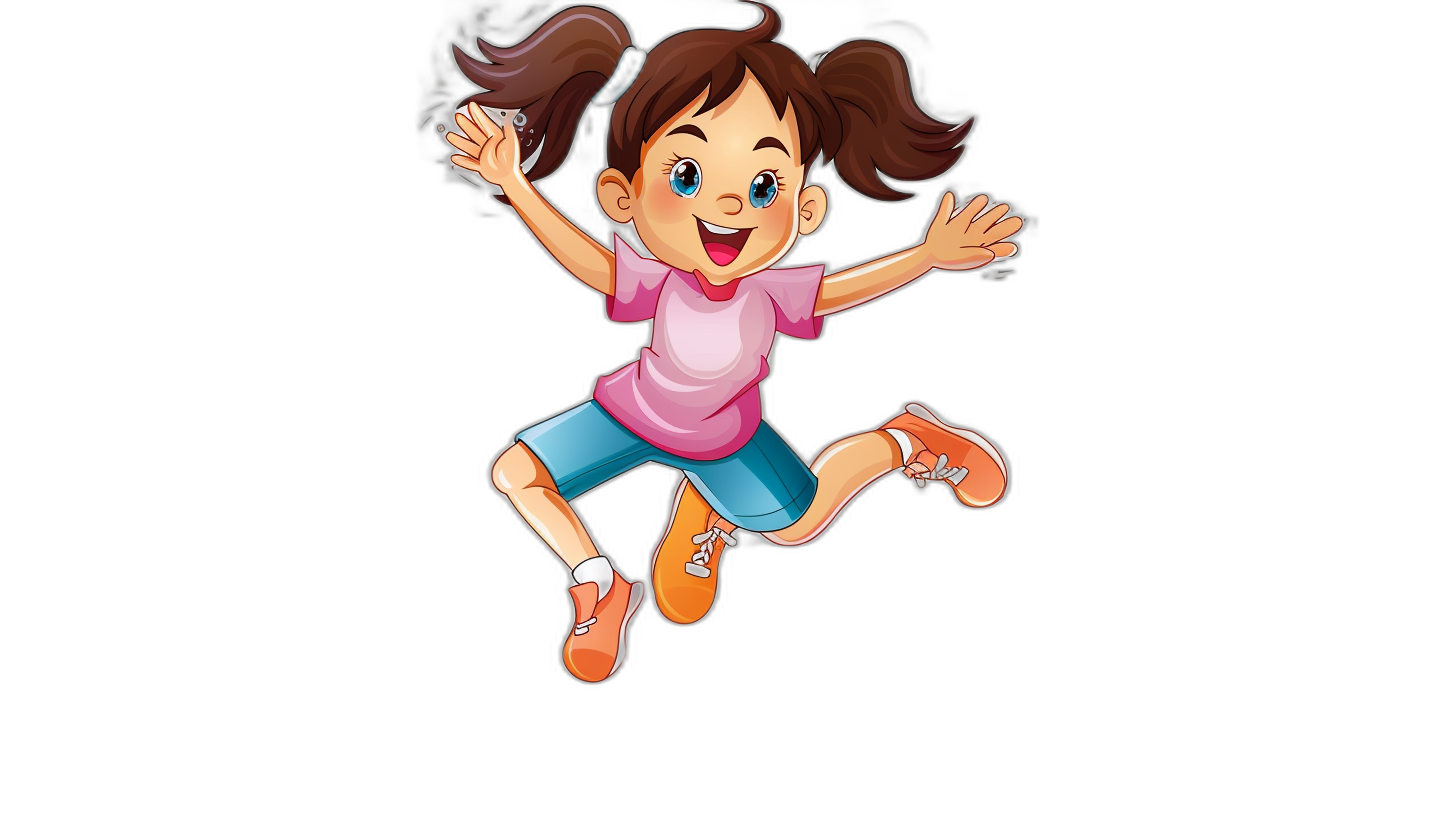 A cartoon girl jumping in the air with a happy expression. She is wearing a pink t-shirt and blue shorts with orange shoes. She has brown hair with two pigtails tied on one side. The background is a simple black and it is a full body shot with high resolution.