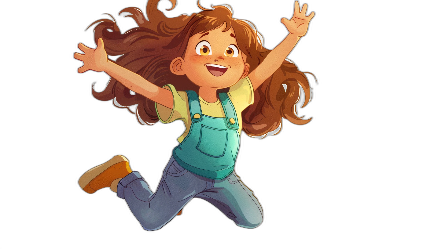 A young girl with brown hair, wearing overalls and jumping up happily, simple cartoon style, black background, high quality, high resolution, pixar style