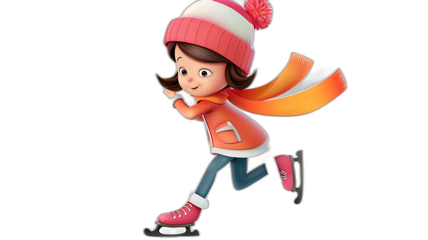 A girl skating on ice, wearing pink shoes and an orange scarf with a white hat, in the style of cartoon, black background, cute 3D character design, high resolution, in the style of Pixar 40k HD