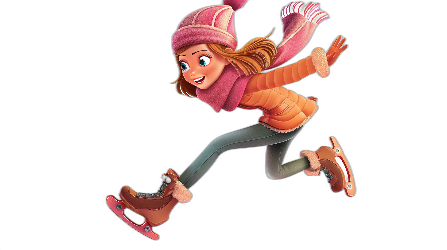 Cartoon girl ice skating, full body shot with a black background, in the style of Disney with a cartoon character design, wearing a pink hat and an orange sweater jacket, with a scarf around her neck, jeans on her legs, brown boots on her feet, with a happy expression, high definition details in her  and facial features, full of vitality, in a jumping pose.