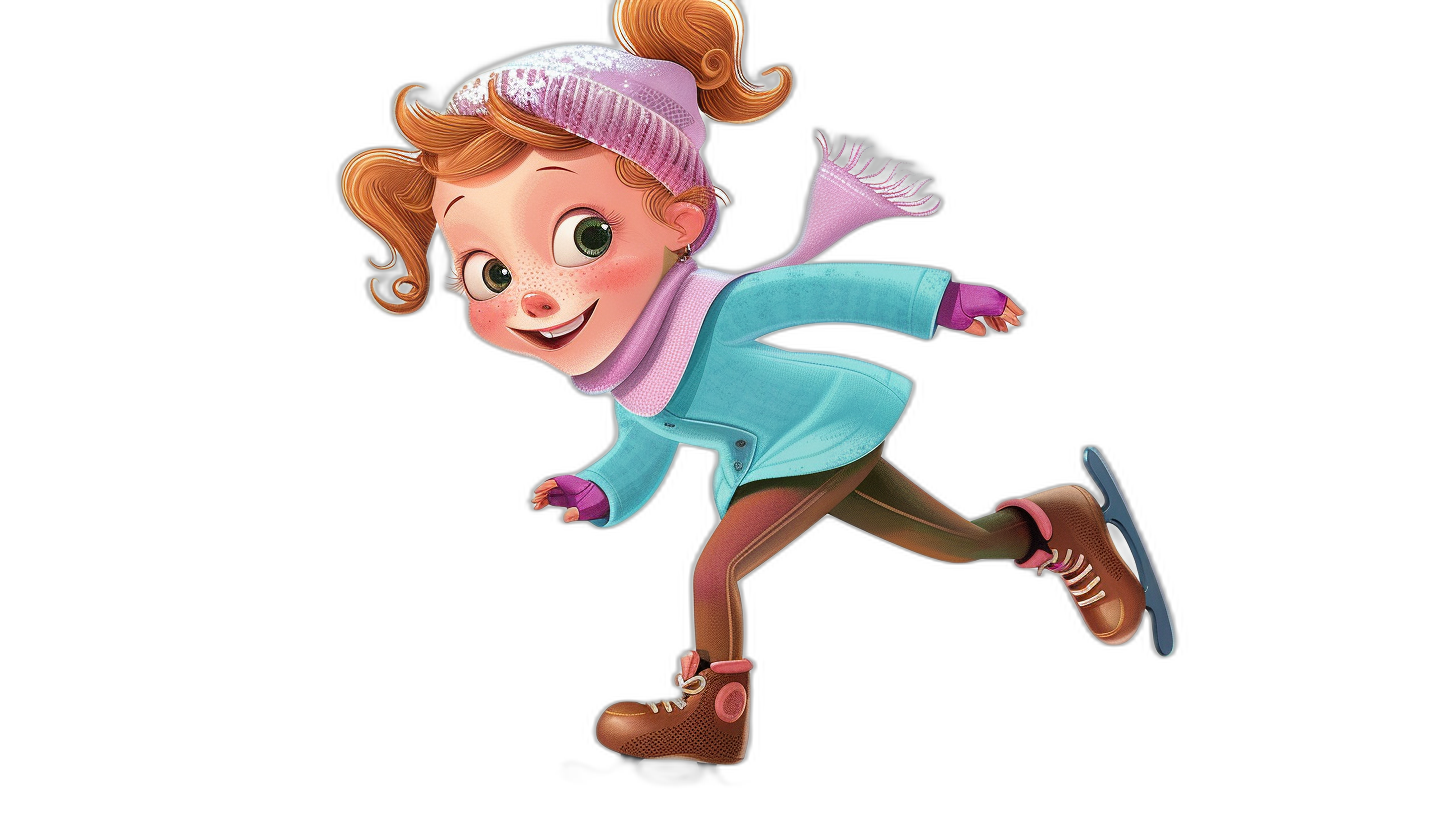 A cute cartoon girl ice skating in a clip art style with simple lines in a full body shot against a black background with no shadows on the ground and cute colors in the style of Pixar and Disney characters with a simple design using flat color blocks and simple details without shading and clean lines at a high resolution, high quality, high definition with high detail, sharp focus, high contrast, high clarity and HD. The rendering used 3D octane render or 2d animation techniques.