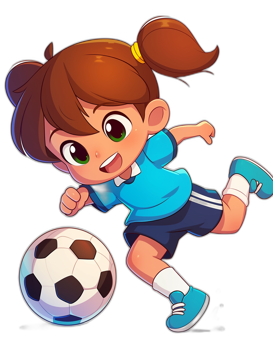 Cartoon style cute girl soccer player, playing with ball in blue and dark grey uniform, green eyes, brown hair in ponytail, simple black background, vector illustration, flat design, digital art, pixar animation style, high resolution, high detail, vibrant colors, cartoon character, cute pose, fun atmosphere.