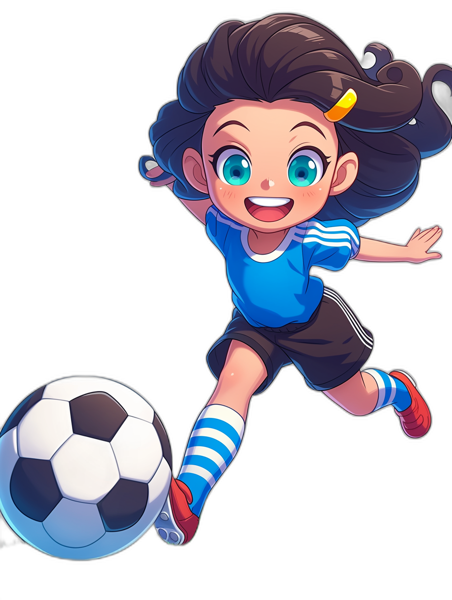 create the most beautiful vector cartoon character of an Asian girl with blue eyes and dark brown hair in pigtails playing soccer wearing black shorts, red shoes and a navy shirt with white stripes on it, black background,