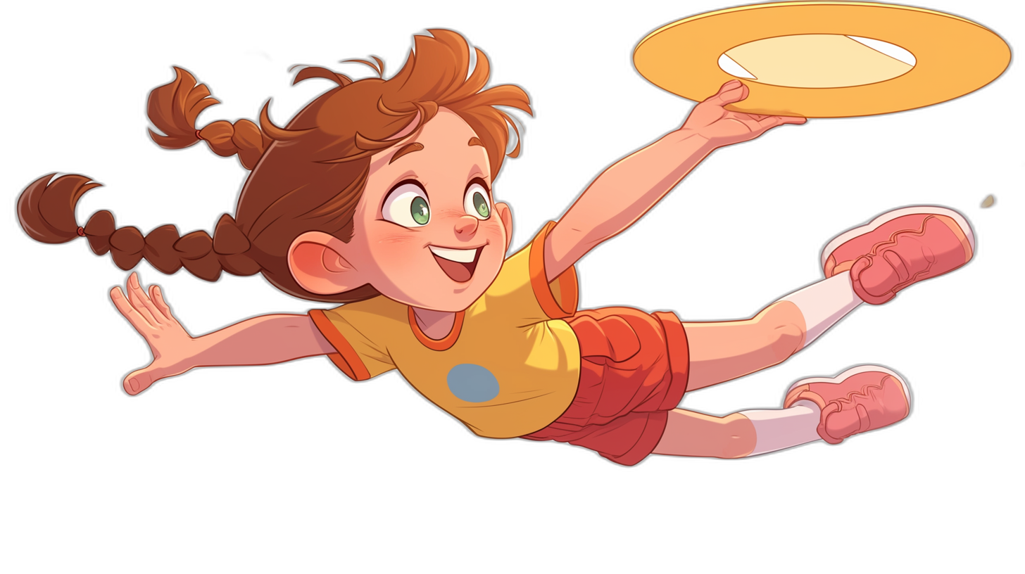 A cute cartoon girl is flying in the air, playing frisbee on a black background. It is a full body shot with a simple drawing style resembling a children’s book illustration. The style could also work for character designs for game characters or a character sheet. She has brown hair and wears an orange T-shirt with red shorts and white socks underneath her feet. The yellow plate she holds shines like gold.