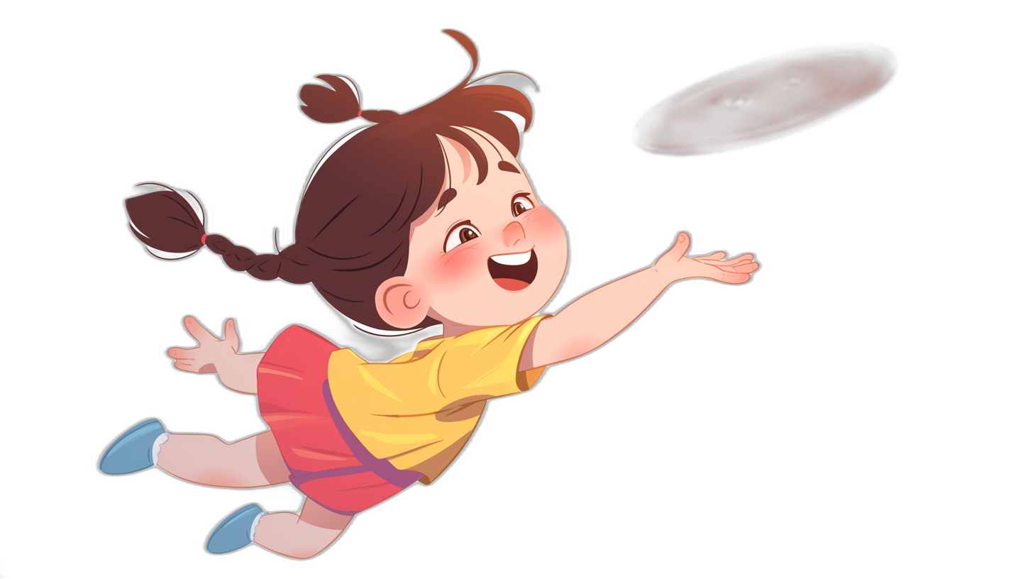 A cute little girl is smiling and jumping to catch the frisbee with a simple black background. The illustration is in the style of Chinese cartoon with a colorful animation still and playful character design. It has a bold color palette and is high resolution with ultra detailed artwork.