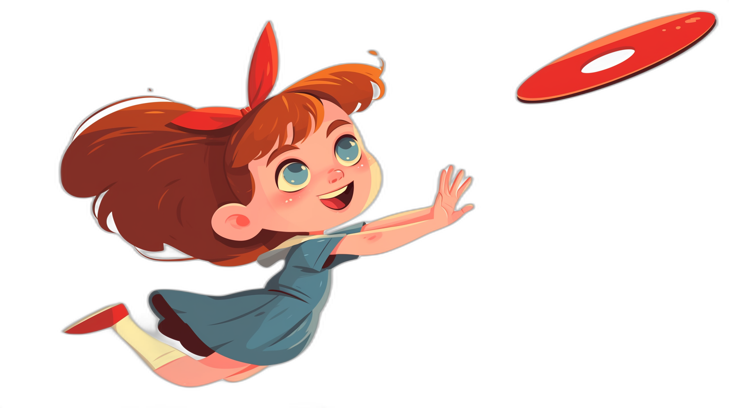 Cute cartoon girl character throwing a frisbee, simple flat design illustration on a black background in the style of Disney Pixar, simple, cute and adorable children’s book illustration style with cute cartoonish designs, colorful animation stills with flat shading and smooth lines using a vibrant color palette at high resolution with high detail and high contrast.