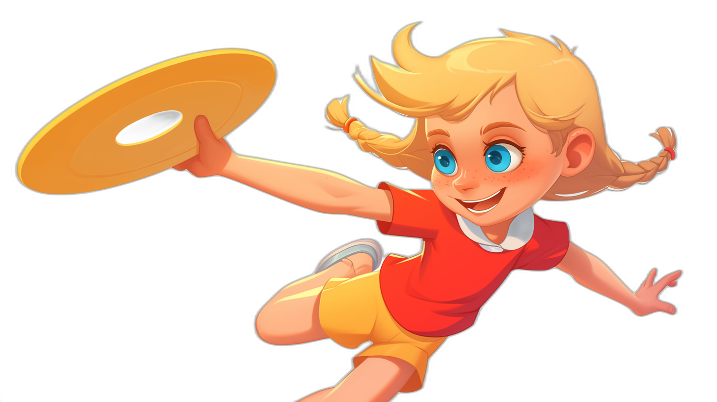 A cartoon blonde girl with blue eyes in a red T-shirt and yellow shorts throws an olympic frisbee in a vector illustration on a black background, in the style of Disney, in the style of Pixar, in the style of 2D game art, with high resolution, high detail, high quality, high sharpness, high clarity, high focus, high color contrast, in the style of a high octane render, super detailed, with super clear details, bright colors, a cute character design, flat colors, a low poly model, a low polygonal model.