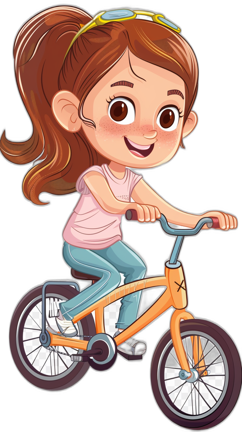 A cute little girl is riding her bike, smiling with big eyes and long eyelashes. She has brown hair in pigtails, wearing blue jeans and an orange t-shirt with white sneakers. The bicycle’s frame glows slightly from behind. The style is similar to vector cartoon characters. Isolated black background.