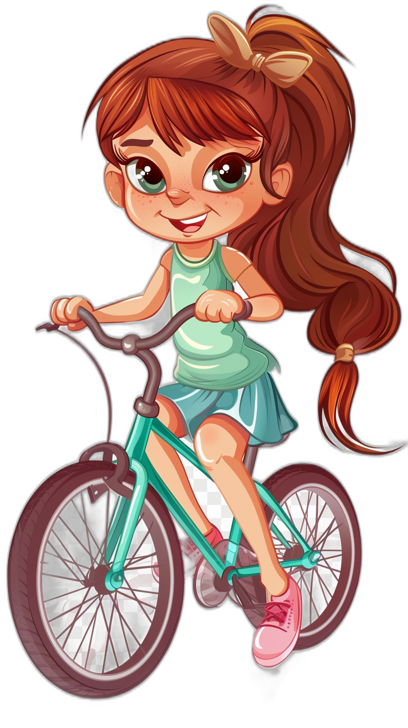 A cute little girl is riding her bicycle in the style of a cartoon, with a simple illustration for a children’s book. The high resolution image has a black background with no outline on the face. The girl has green dress and pink shoes, with brown hair in a ponytail tied with a bow. She is smiling with big eyes. The cartoon character design is in the style of Pixar studio, with high quality, high details, and high contrast.