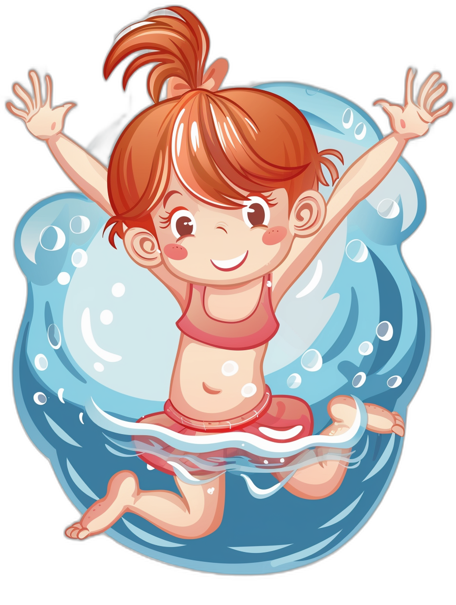 A cute little girl is swimming in the water, in a vector illustration style with simple strokes and black background. She has red hair tied into pigtails that flow slightly behind her head. Her eyes have no eyelashes, she wears pink short sleeves, white shorts, an orange tank top, and shoes, and there are bubbles around her. The character’s expression should be happy, she raises one arm above her chest and kicks off with it, creating a lively atmosphere.