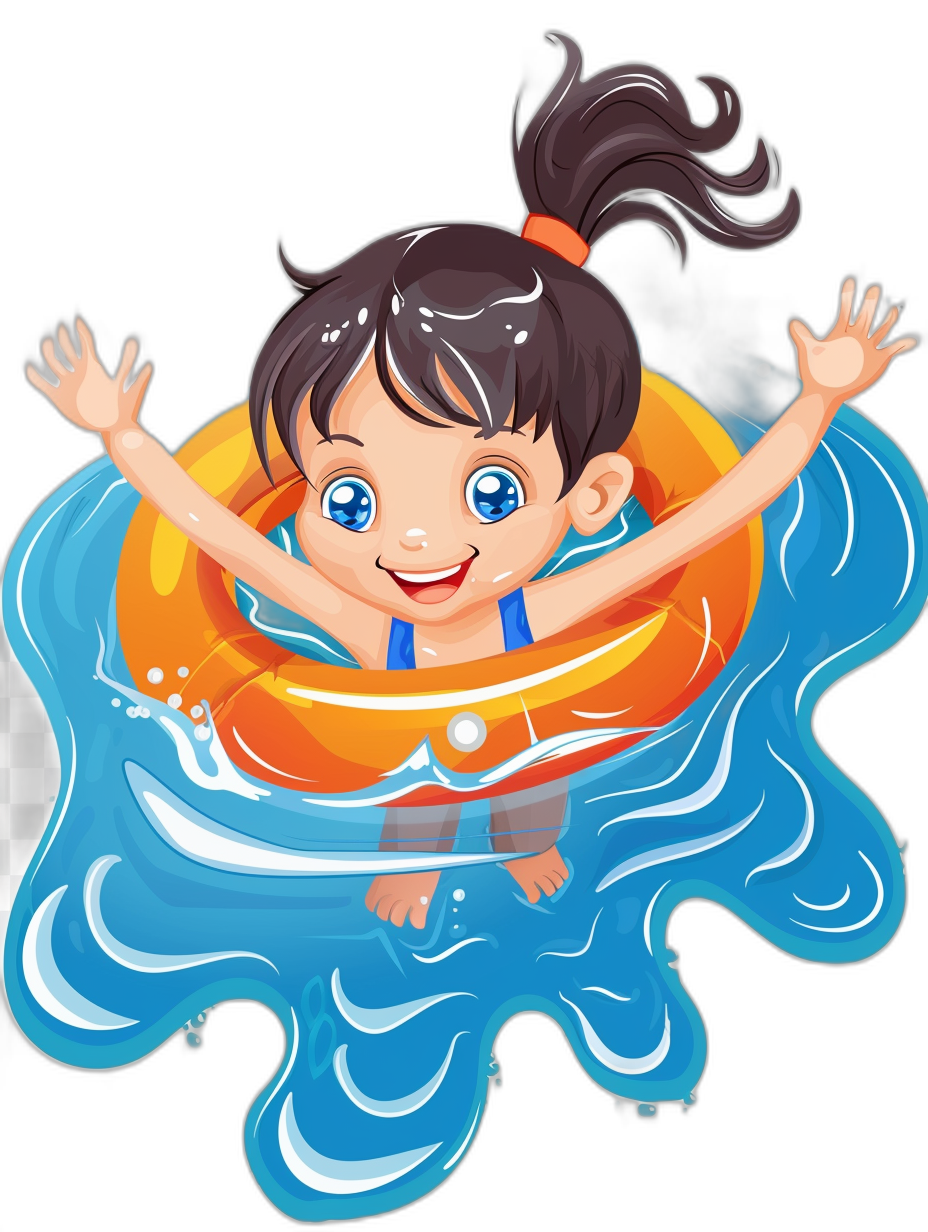 A little girl with black hair and blue eyes, wearing an orange swimming ring, is floating in the water while smiling happily. The illustration is in the vector cartoon style on a white background. It has high resolution with professional lighting and a clean, sharp focus without any blur effects. The colors are bright and detailed against a simple black isolated background. The style is reminiscent of a professional photograph but rendered in the colorful, detailed vector cartoon style.