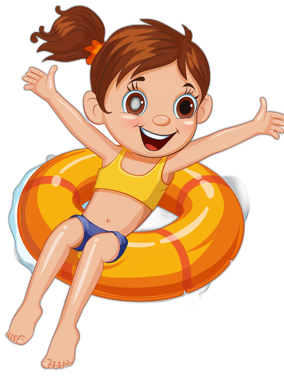 A cute little girl is sitting on an inflatable ring, smiling and waving her hand. The illustration is in the style of a vector style with a black background. She has brown hair in pigtails, wearing blue shorts and a yellow top. The floatation device glows orange against the dark water. Her face features big eyes and a bright smile, making her look lively and cheerful. The artwork is in the style of a cartoon, with high resolution.