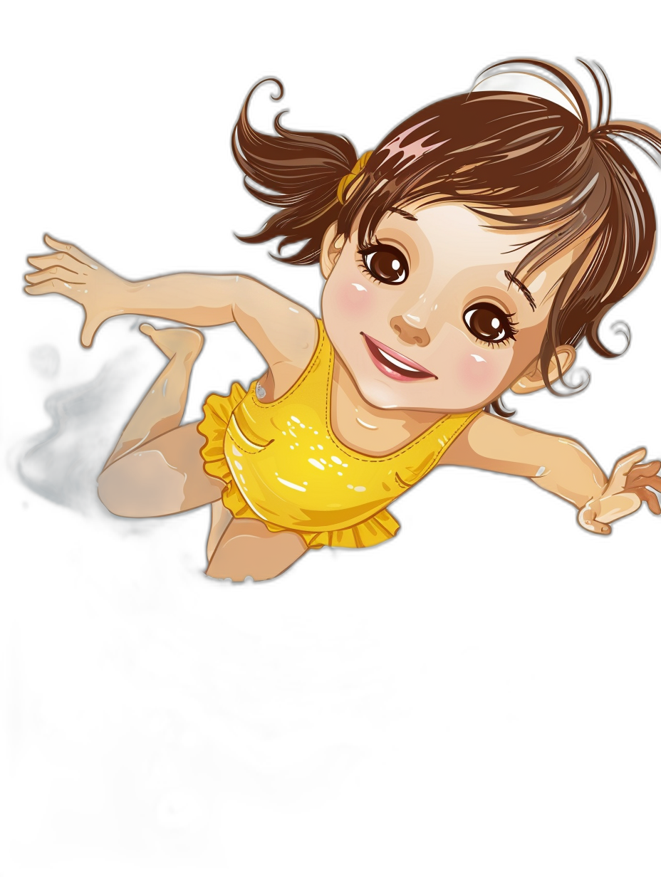 A cute little girl with brown hair in pigtails, wearing a yellow swimming suit with a black background, floating above the ground, smiling and looking at the camera in the style of a cartoon.