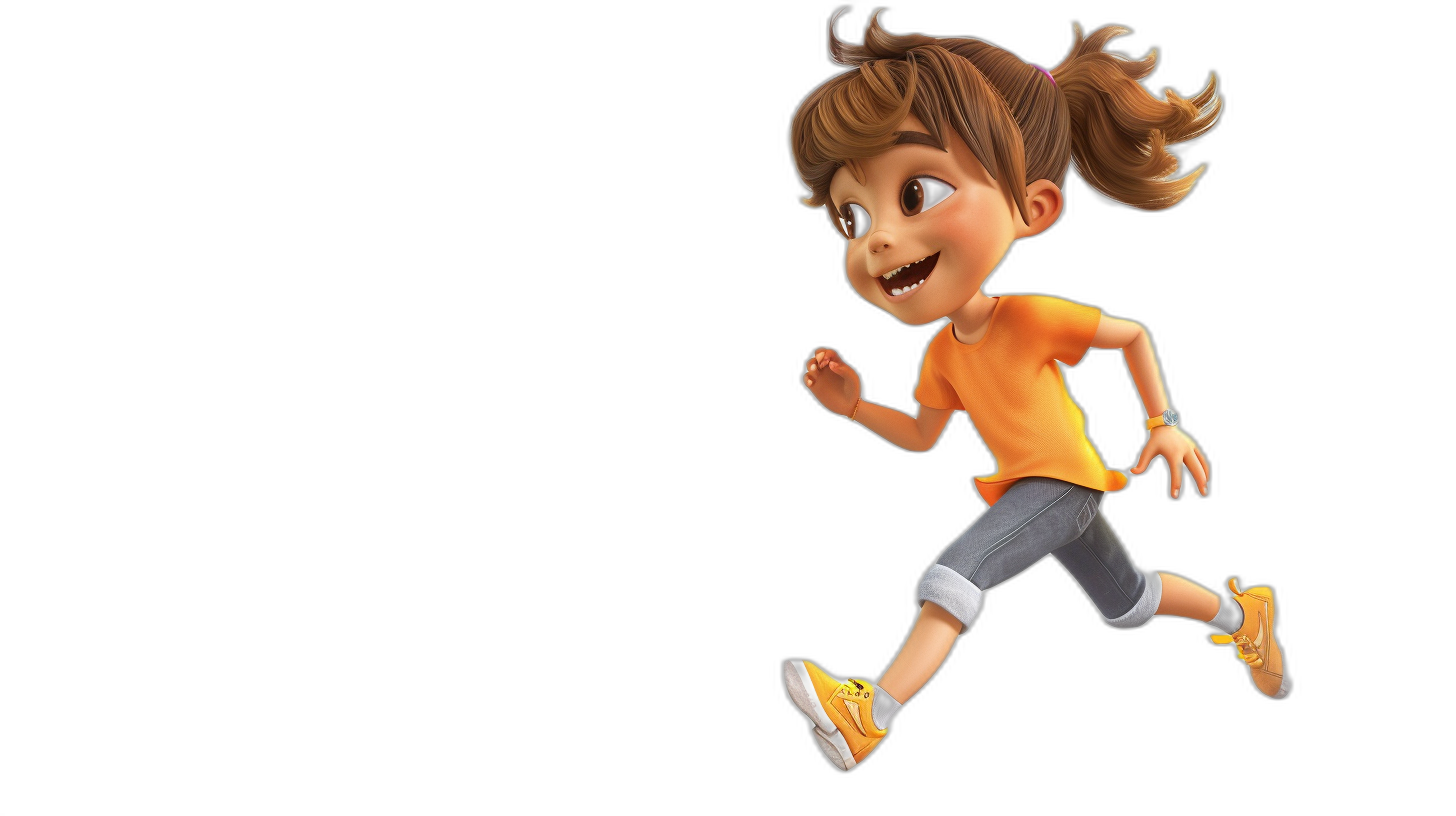 A cute girl running and smiling in a full body shot in the style of Disney cartoon characters with a black background, wearing an orange t-shirt and grey capri pants with yellow shoes, her hair in pigtails, big eyes, animated, high resolution, high quality, high detail, sharp focus, no blur, 3d rendering in the Pixar style, zbrush.