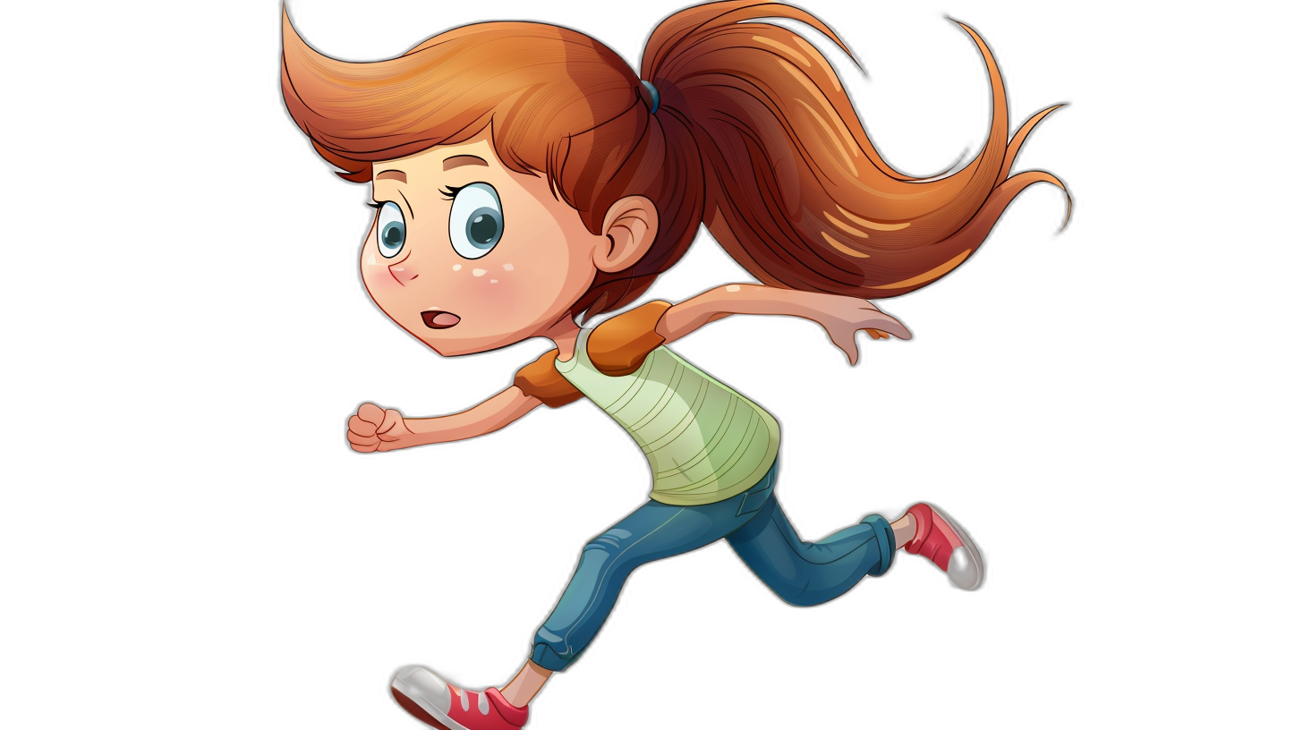 A cartoon girl running with brown hair in ponytail, children’s book illustration style, simple, cute , full color, black background, high resolution