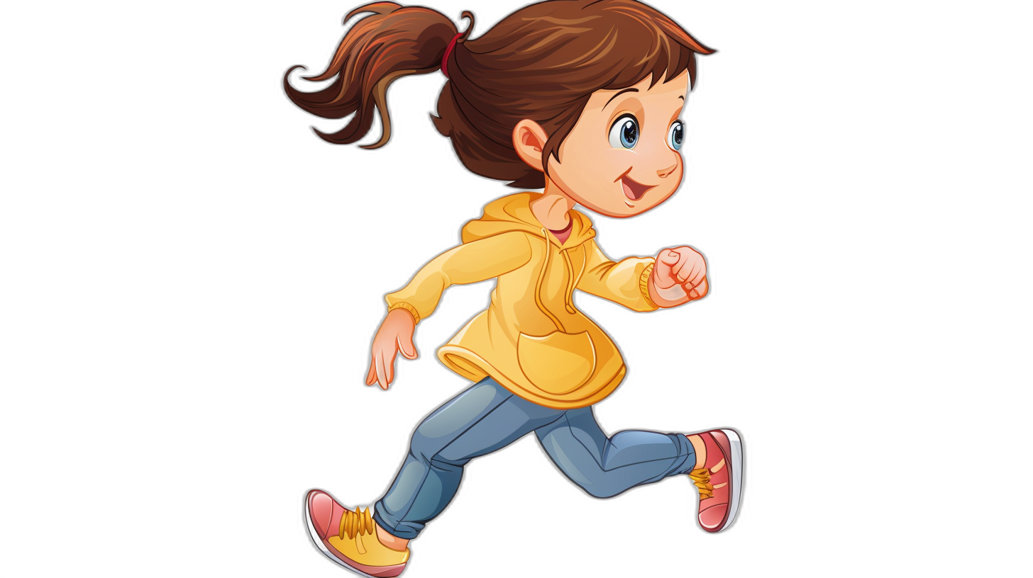 Cute cartoon girl running with brown hair in yellow shirt and blue jeans on black background vector illustration