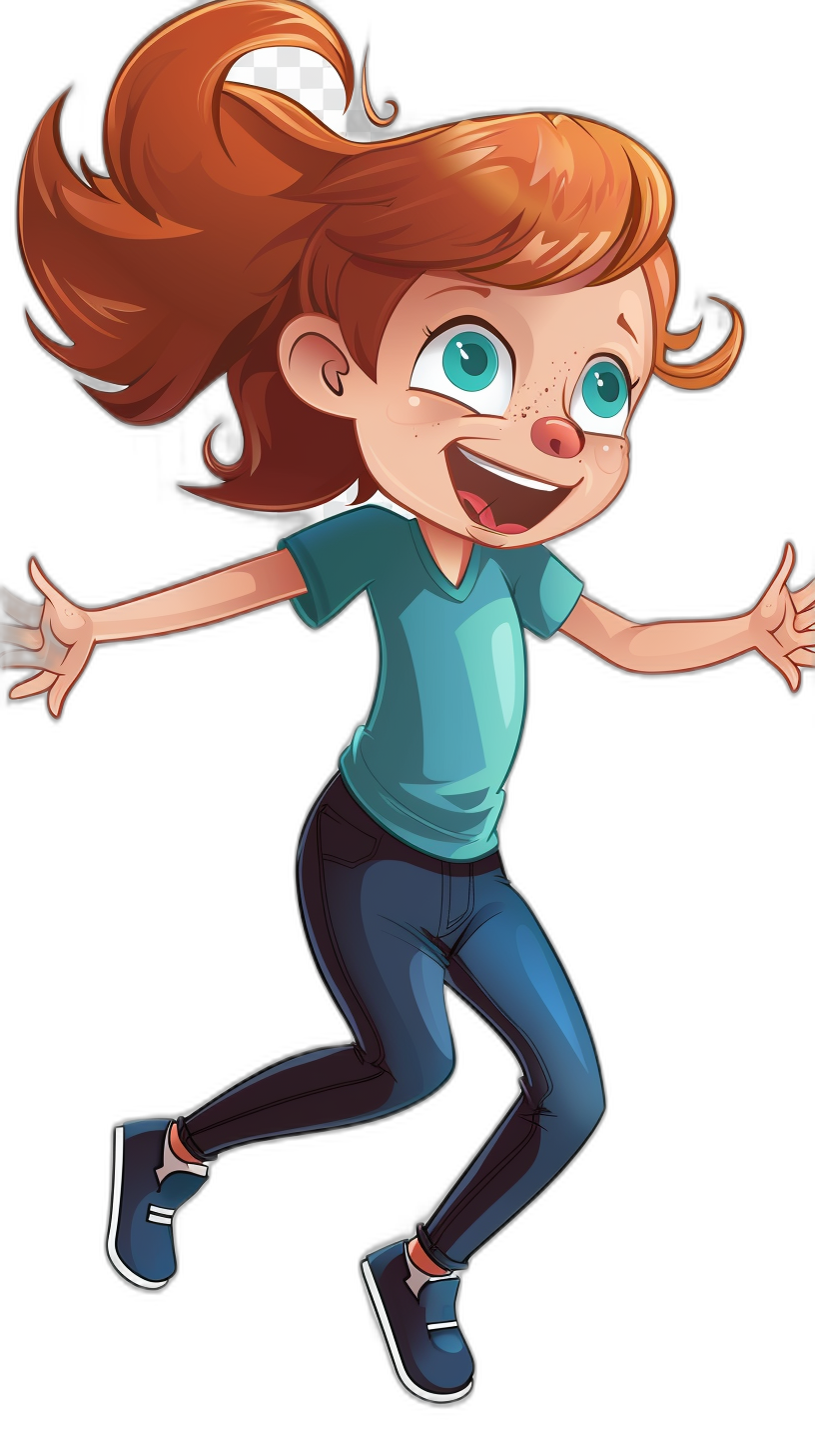 cartoon illustration of a happy girl with red hair in a ponytail, blue eyes and wearing a teal t-shirt and dark jeans running in a full body shot against a black background in the style of Pixar.