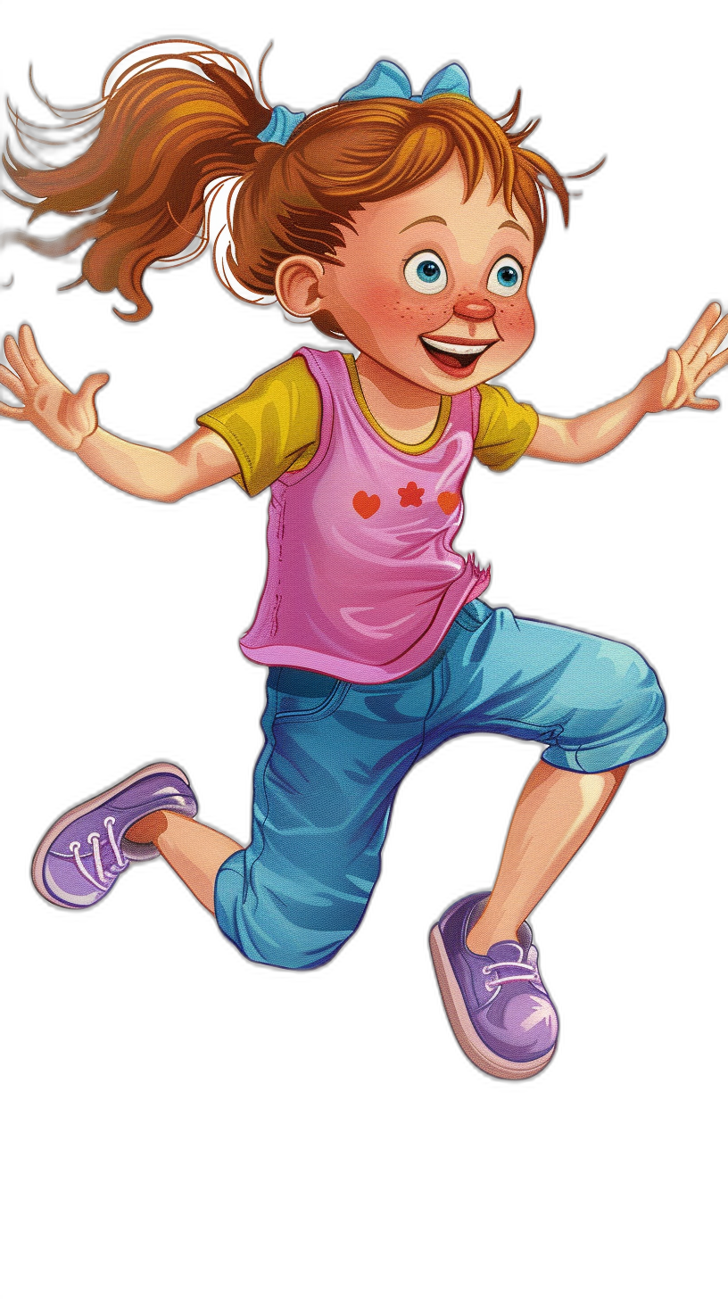 Illustration of a cartoon happy girl jumping, in the style of children’s book illustration. She is posed with a black background, wearing a pink shirt, blue pants and purple shoes. It is a full body shot with simple, cute and bright colors in full color. The illustration is high resolution, high detail and high quality.