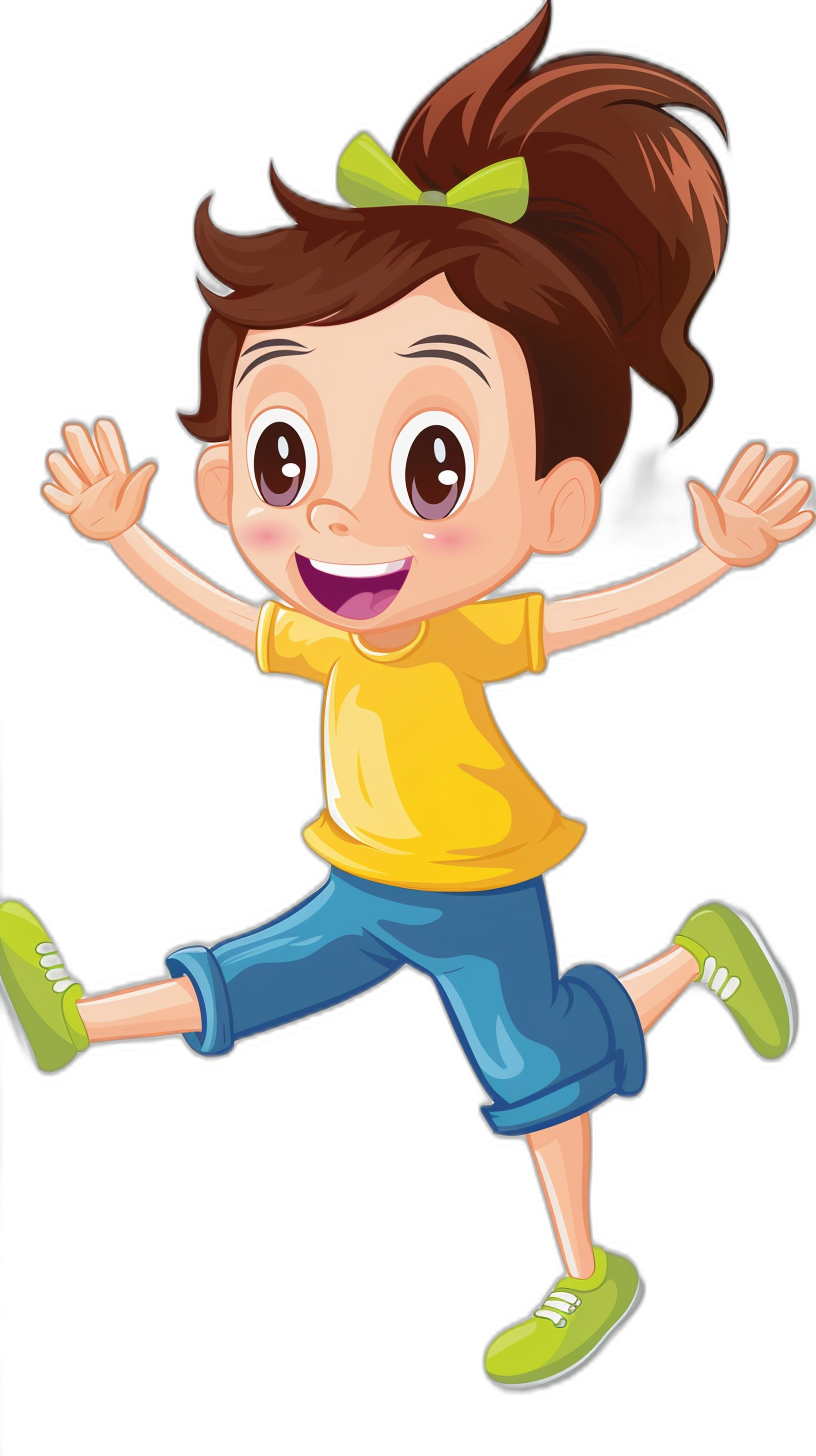 A cute little girl is jumping up and down in the style of a cartoon, with simple lines in a vector illustration style on a flat black background. She wears a yellow t-shirt with blue pants and green shoes, with brown hair in a ponytail and big eyes with a happy expression. It is a full body portrait with high definition details.