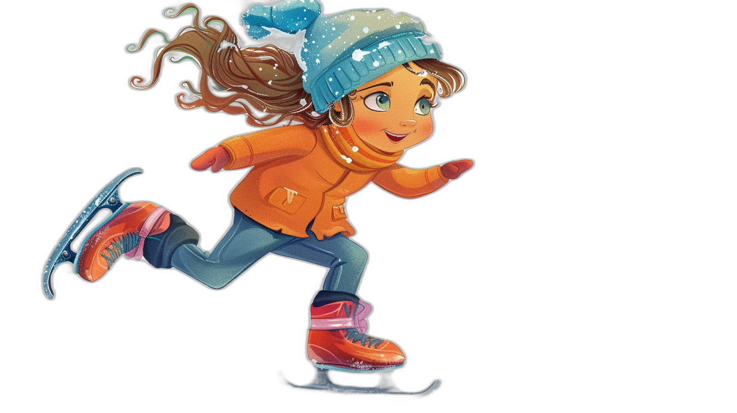 A cartoon girl ice skating isolated on a black background, in the style of [Quentin Blake](https://goo.gl/search?artist%20Quentin%20Blake). The illustration is in a cartoon style with orange and blue colors, and a cute style. It is a high resolution vector illustration suitable for a children’s book. The full body illustration has high quality, high detail, high definition, and high resolution. It has high sharpness, high contrast, and high color saturation. The girl is viewed from a 45 degree side view in a close up shot with a happy facial expression. She is wearing colorful .