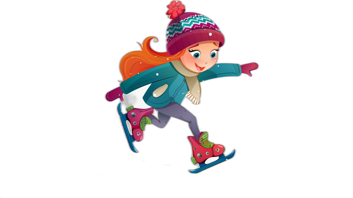 A cartoon girl ice skating isolated on a black background, with a cute and adorable character design in a colorful cartoon style. It is a 2D flat illustration with high resolution, created as professional digital art with high details. The style is colorful, cute and adorable with high definition in the clipart vector graphics.