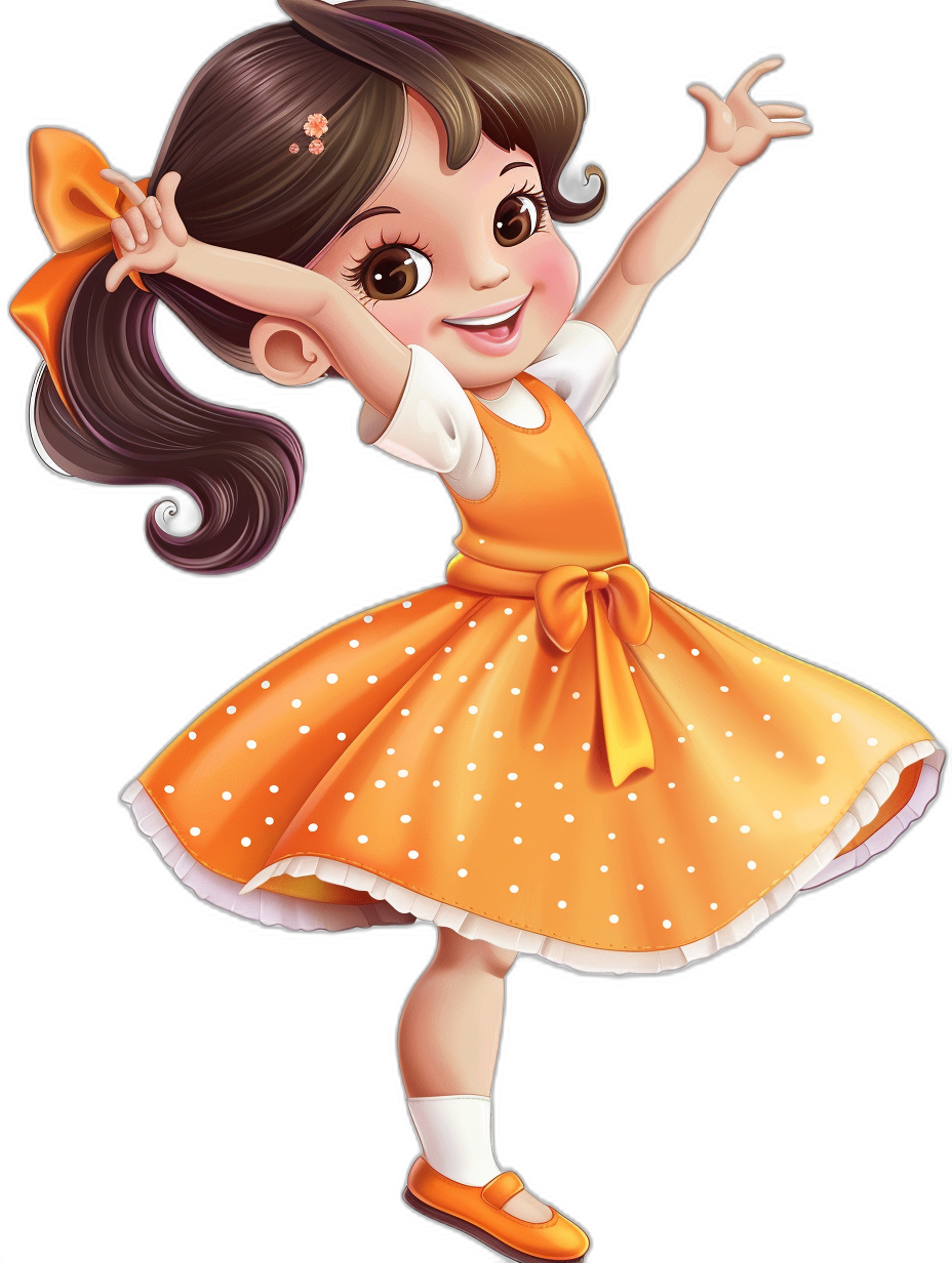 A cute little girl wearing an orange dress with white polka dots and brown hair, smiling happily while dancing in the air. The background is black. In the style of Cartoon Disney, 2D flat design, full body shot, high resolution, high detail, high quality, cartoon anime, illustration, colorful, bright colors, white shoes, big eyes, orange bow on her head. She has one hand raised above her head and her other arm she holds up to dance in a fullbody pose.