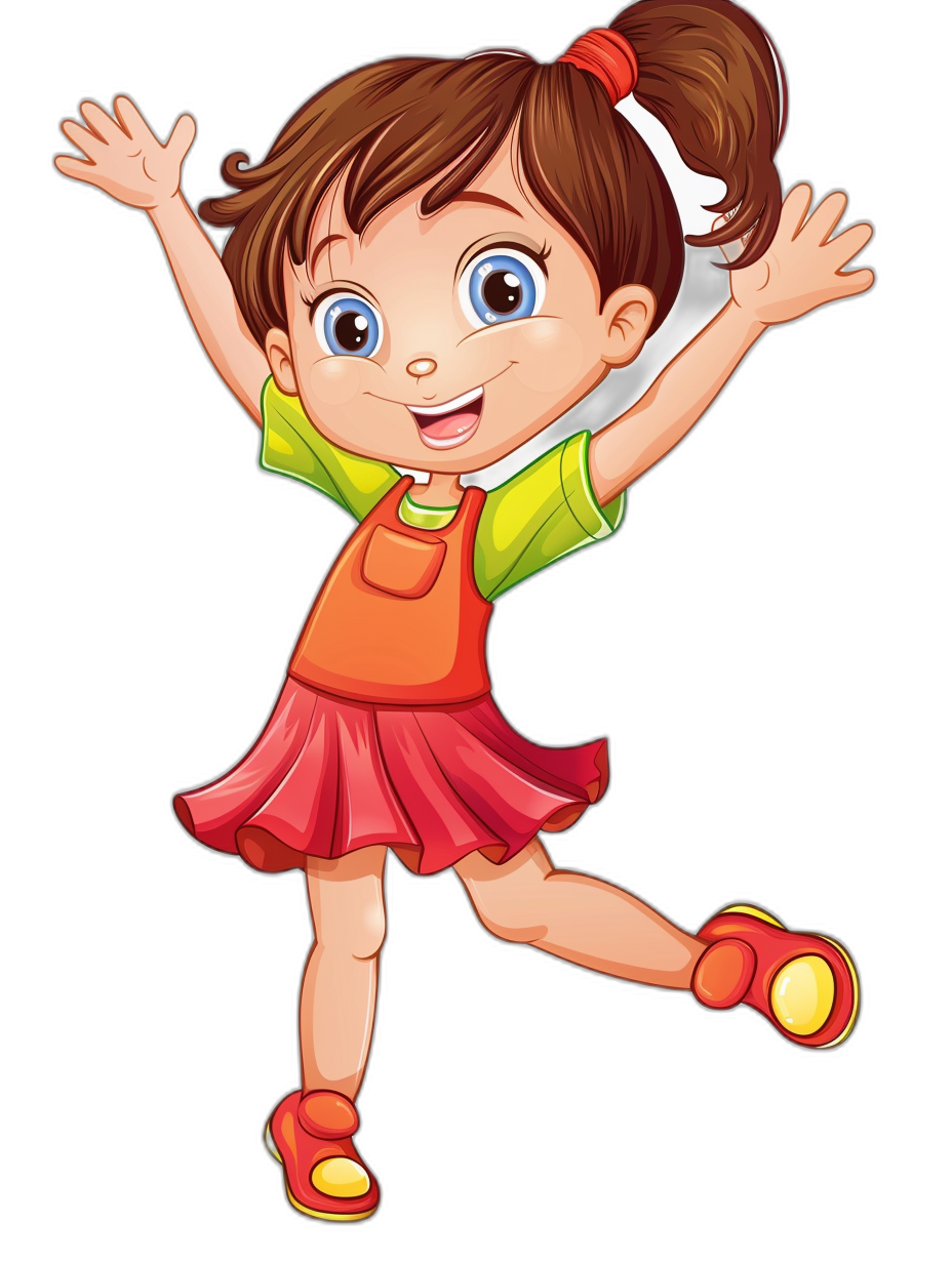 A cute cartoon girl in the style of Dora is jumping and smiling with one hand raised on a black background. She has brown hair and blue eyes, wearing a red skirt and a green t-shirt with a yellow collar. The illustration is a clip art sticker vector.