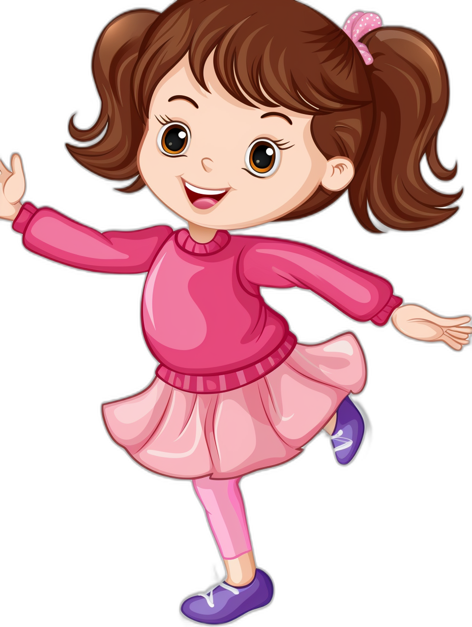 a cute cartoon girl wearing pink dress and purple shoes, smiling with brown hair in pigtails doing dance moves on black background