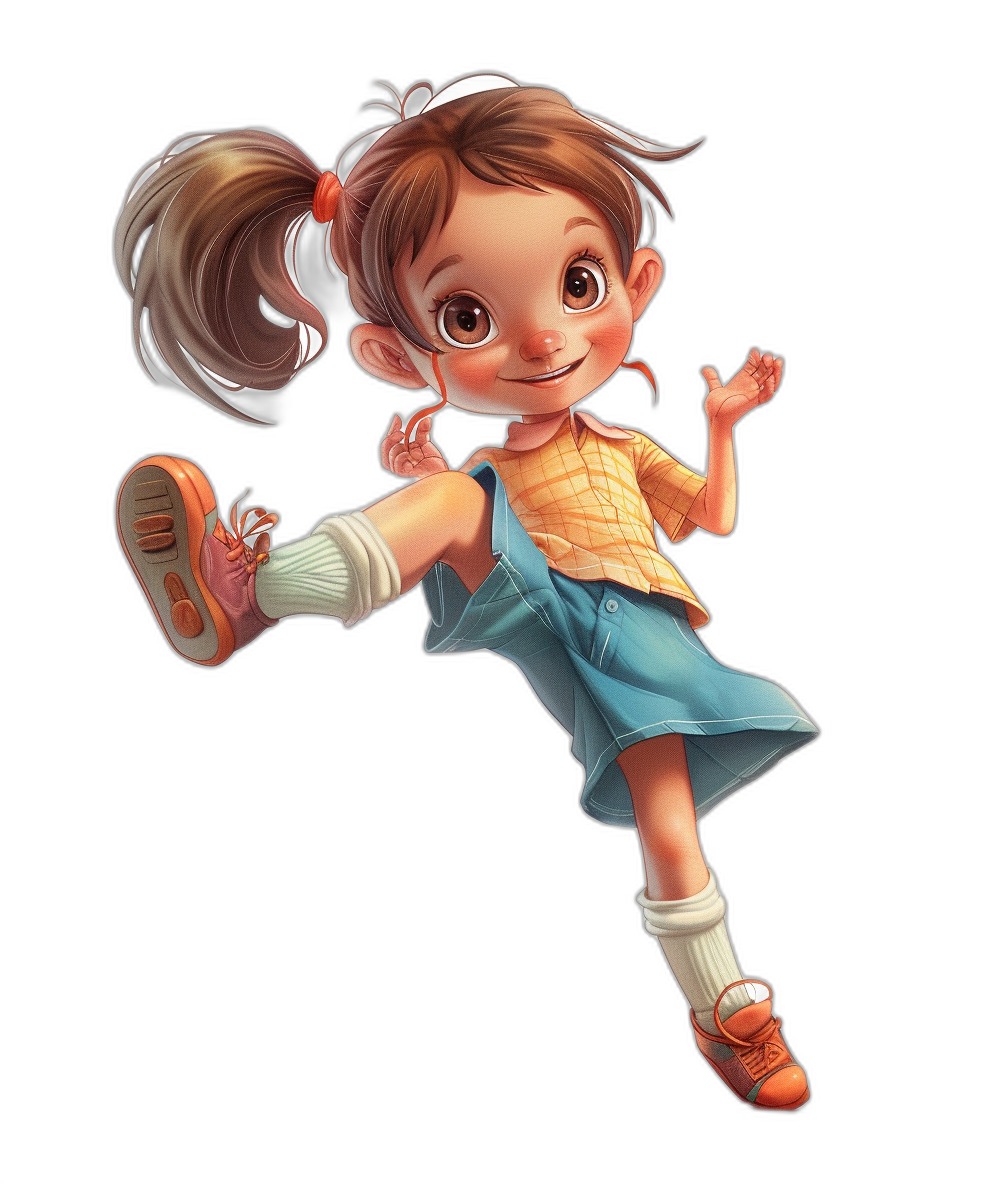 A cute little girl in the style of Pixar and Disney, with big eyes, pigtails, and wearing shoes, is jumping up on her two feet. She has an adorable expression on her face. She wears blue shorts and white socks on a black background. The character should have detailed features including realistic textures, soft shadows, and natural lighting. The illustration must be high resolution, high quality, and have detailed rendering for accurate facial expressions and body proportions.