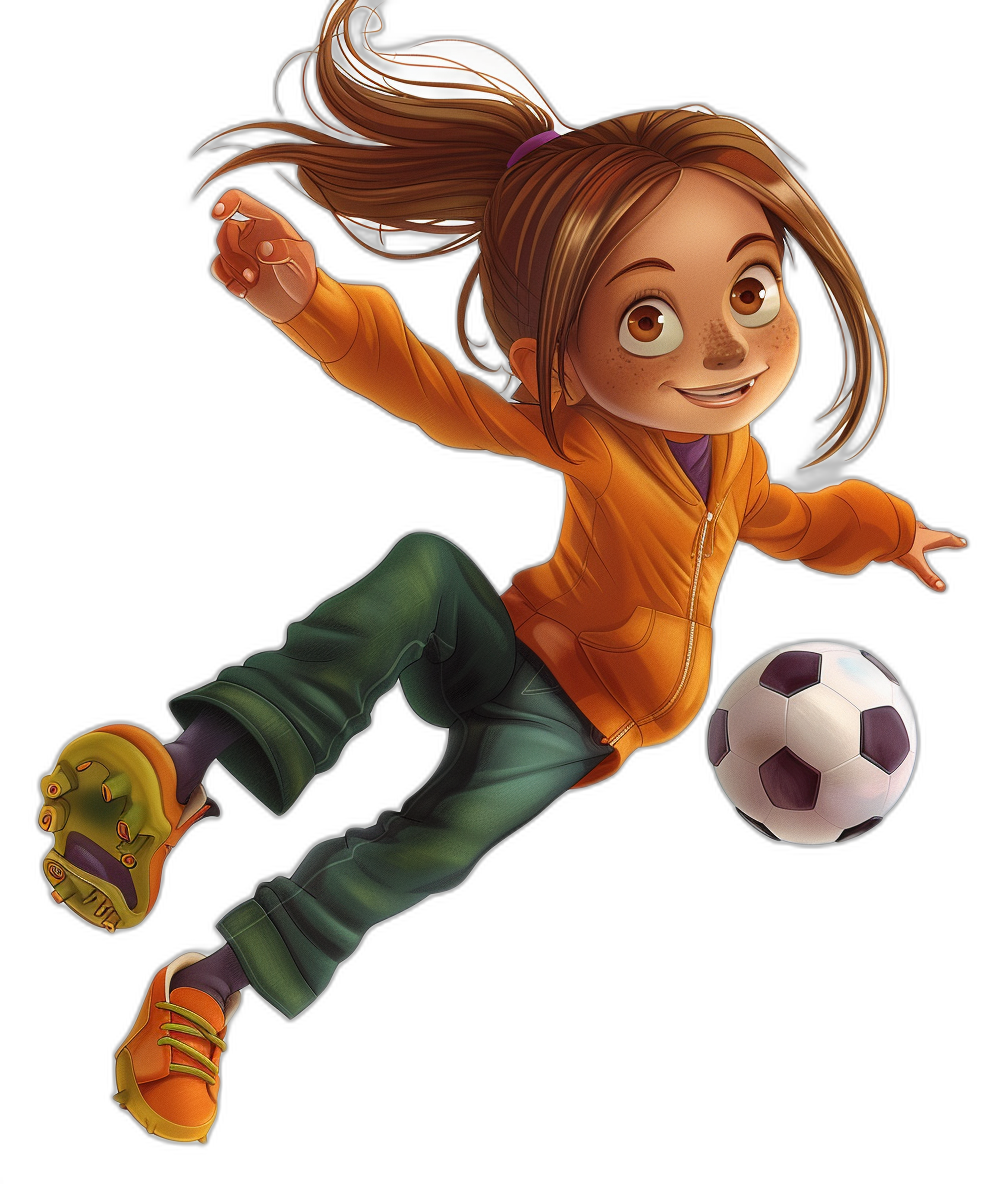 A young girl playing soccer in a cartoon style with a Disney Pixar character design shown in a full body shot with 3D rendering on a black background, wearing an orange jacket and green pants with brown shoes, kicking the ball with a smiling facial expression, her hair in a ponytail hairstyle as a cartoon character with high resolution and detailed textures of , hair, skin, eyes, and teeth. The scene is set against a simple dark backdrop to highlight her vibrant colors and dynamic pose. It’s an adorable depiction of a youth sports activity.
