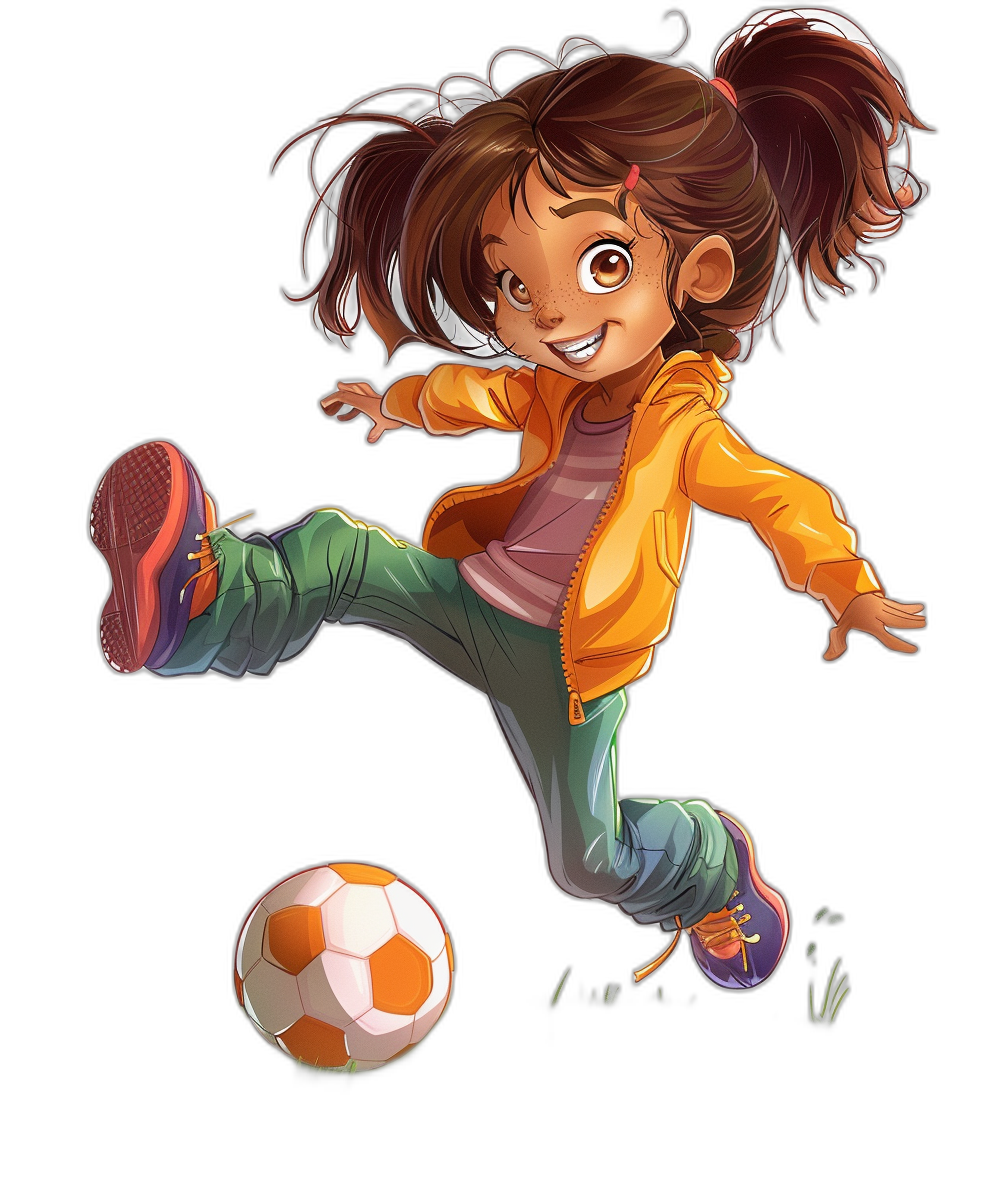 A cute girl playing soccer in a cartoon style on a black background, with colorful  in a jumping action pose in the style of Disney Pixar animation, with character design showing detailed hair and facial expressions. The ball is in the air next to her feet. She wears an orange jacket over a pink t-shirt, green pants and purple shoes. High resolution.