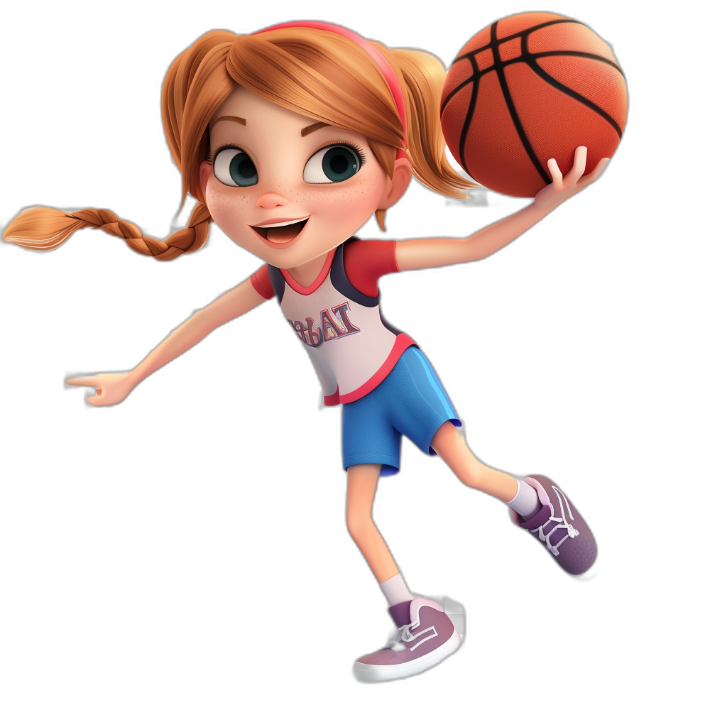 A young girl with pigtails in her hair, wearing shorts and sneakers is playing basketball in the style of Pixar’s character design. 3D cartoon low poly model full body shot on a black background with big eyes. 2D illustration of the Disney movie “Tangled” from a 45 degree angle.