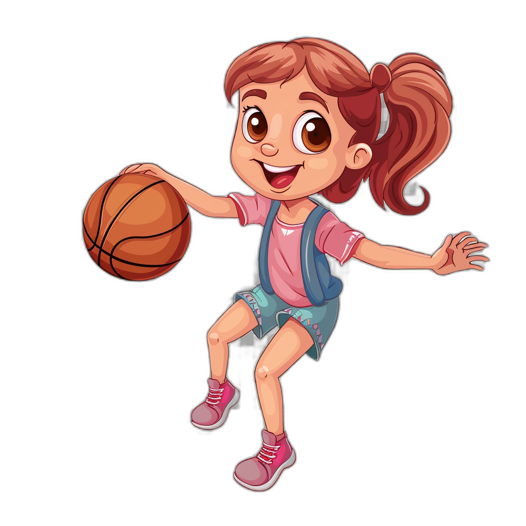 A cute little girl is playing basketball in the style of a cartoon, with simple lines and a vector illustration against a black background in a flat design style. The full body portrait shows her wearing pink shoes and short sleeves with a backpack on her back. She has brown hair tied in two ponytails, big eyes, and a smiling expression as she holds the ball ready to shoot.