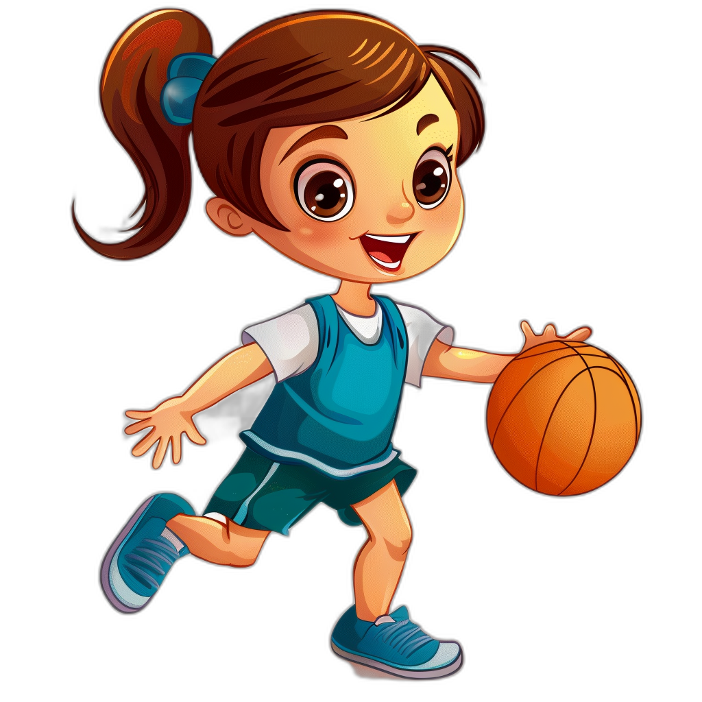 A cute little girl playing basketball in a simple cartoon style. This vector illustration features a full body shot of the girl on a black background, wearing blue shoes, green shorts, and a white shirt underneath. She has brown hair in pigtails and is holding the ball under her arm while running towards the right side of the picture with a smiling expression. The image is presented in high resolution.