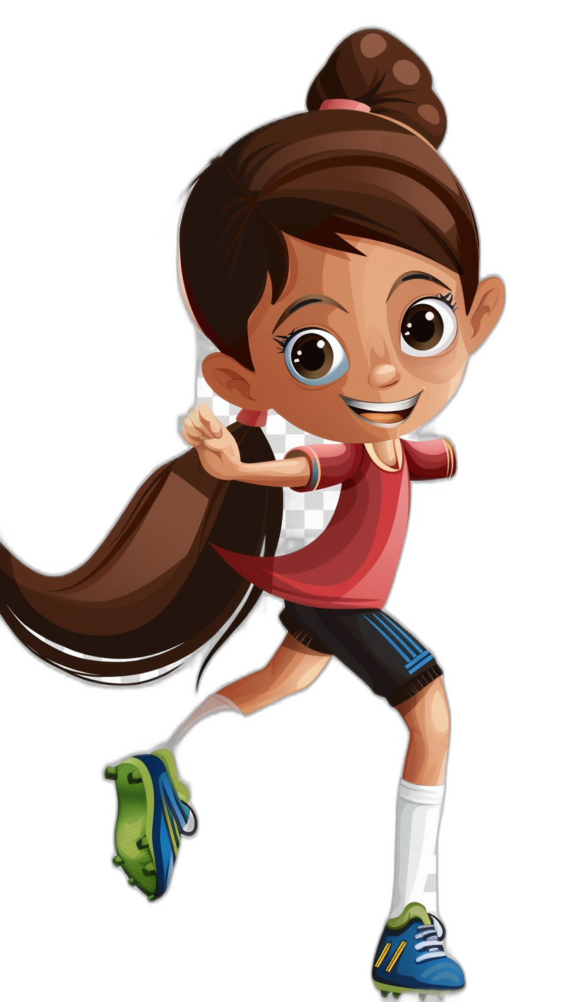 A cartoon character of an Indian girl in her late teens, playing football and wearing black shorts with blue soccer shoes. She has brown hair tied back into two pigtails. The illustration is in the style of Pixar animation. Black background.