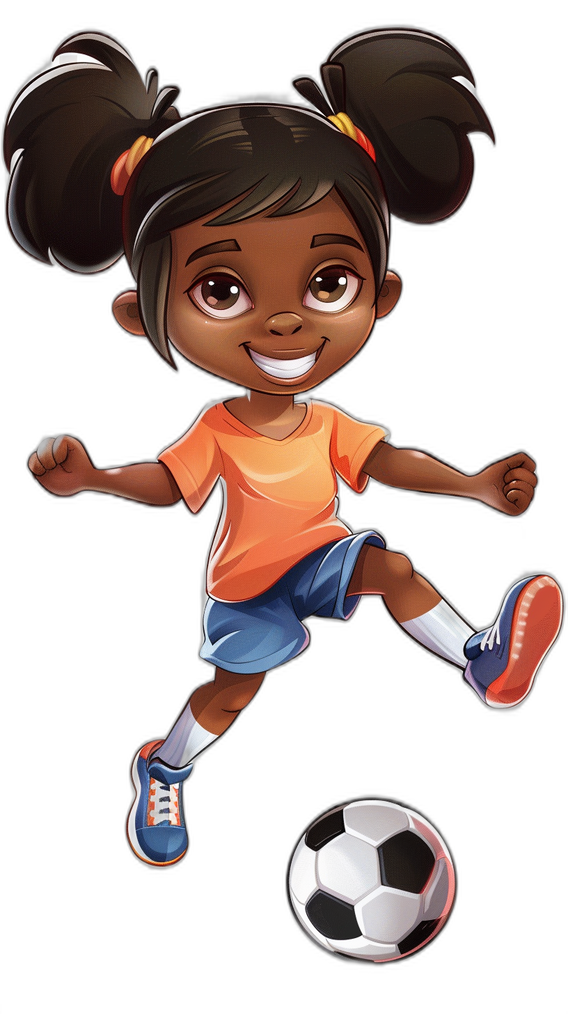 Cartoon style, smiling young girl with dark brown skin and hair in pigtails playing soccer wearing an orange tshirt blue shorts white socks red shoes black background