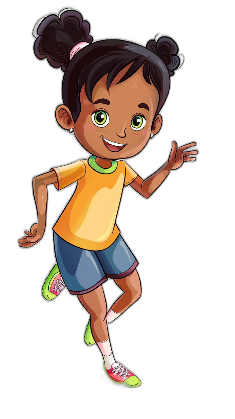 African American little girl in the style of Dora Theberian cartoon character, smiling and running with one hand raised to show off her shoes. She has black hair pulled back into two pigtails, green eyes, wearing an orange tshirt over blue shorts, white socks and colorful sneakers. Black background. Cartoon illustration