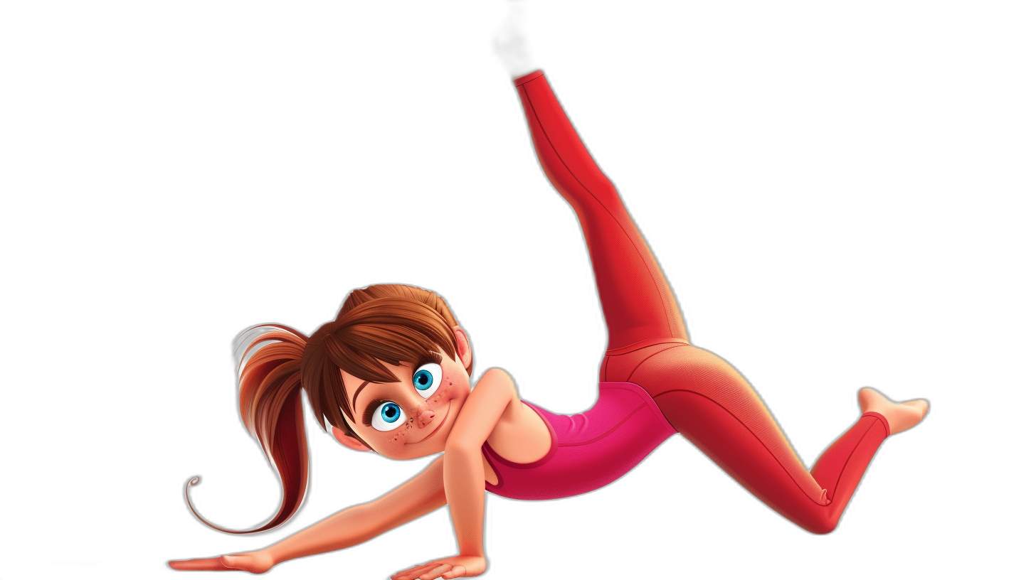 A cartoon girl doing gymnastics, with red leggings and a pink top, with brown hair in pigtails and blue eyes, against a pixar style black background, in the style of Pixar.