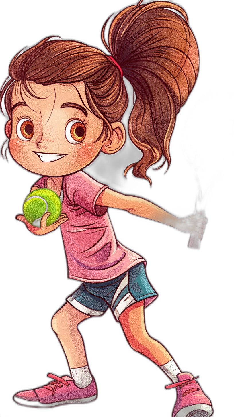 A young girl with brown hair in pigtails, holding an apple and playing pickleball. She is wearing pink shoes and has black shorts underneath blue shirt. The cartoon style should capture her energetic expression while emphasizing the sporty look of both characters. on Black background