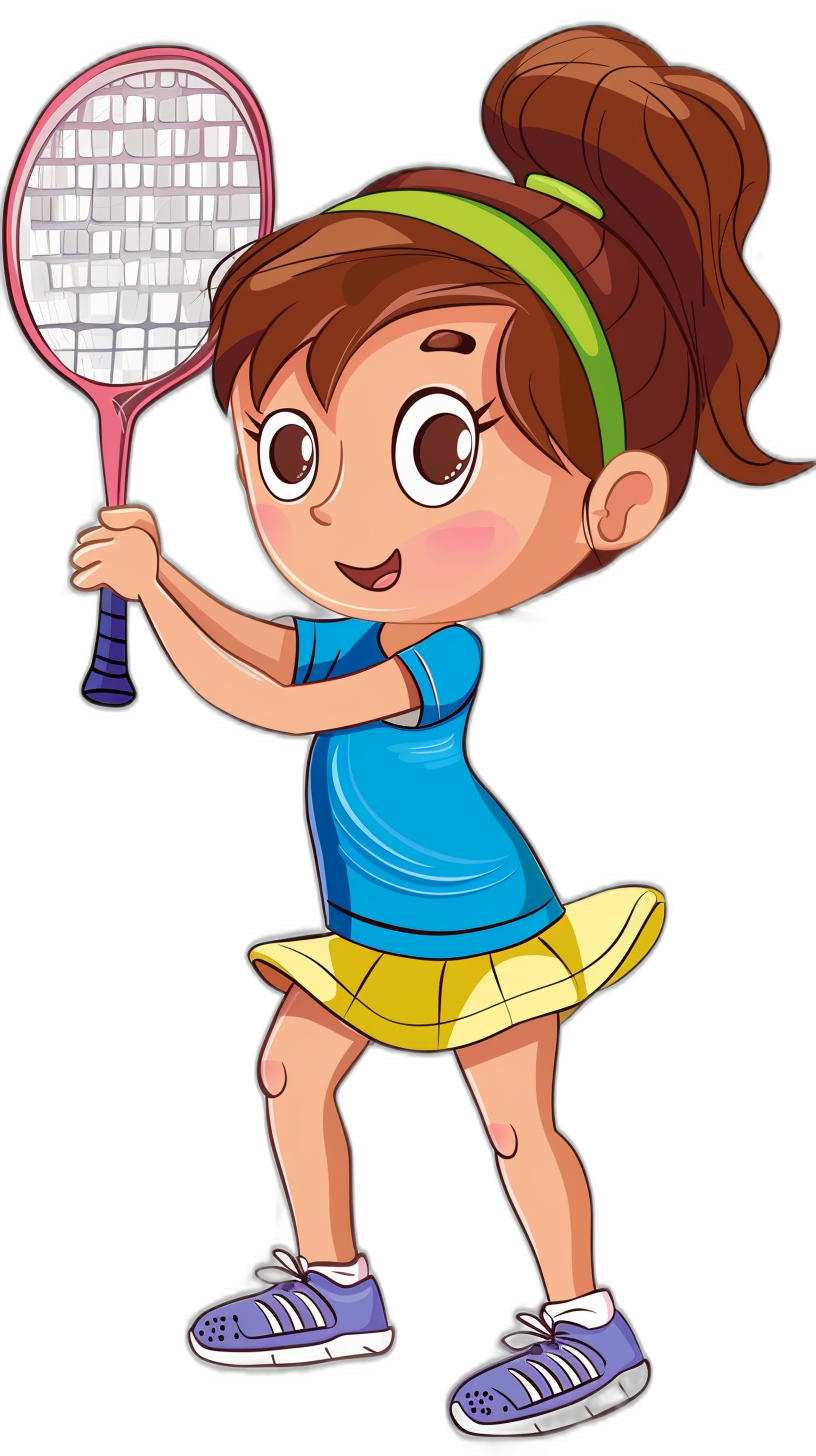 A cute little girl playing tennis, clip art style, vector illustration for children’s book in the animation of Pixar and Disney with black background. She is wearing blue tshirt yellow skirt white shoes green headband holding pink racket with happy face expression. Full body shot. The woman has brown hair in ponytail