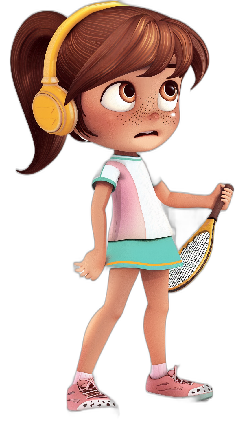 Cute girl character wearing a tennis outfit, with brown hair in pigtails holding a racket and wearing yellow earphones on her head, against a black background, in the style of Disney Pixar.