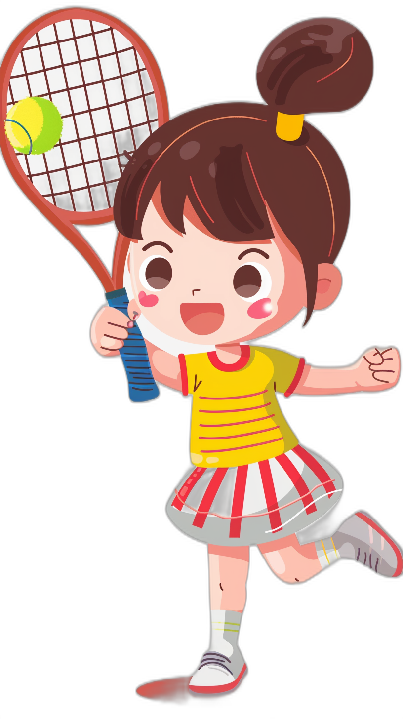 Cute little girl playing badminton in the style of a cartoon, vector illustration in flat design style, on a black background, sticker art style, cute and dreamy, high resolution, high quality, high detail, high definition, high noise photography, best details, best colors, colorful, cute , white socks with stripes, red sports shoes. She has her hair tied in two buns on the side of her head. A blue tennis racket is held horizontally above her right hand as she runs forward to hit the ball, full body shot.