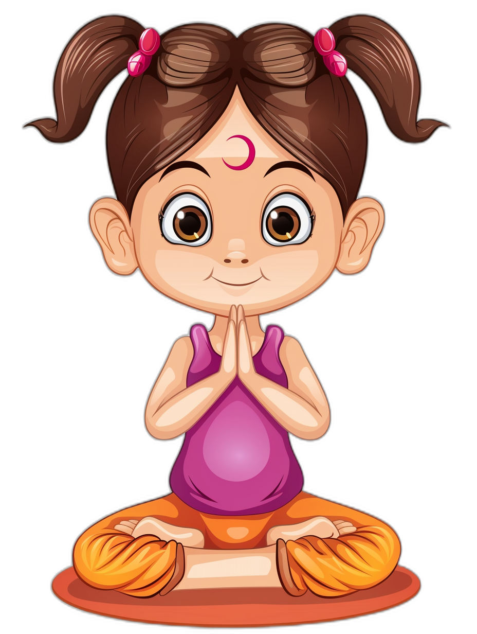 cartoon illustration of a cute little girl doing yoga, isolated on a black background, in the clipart style.