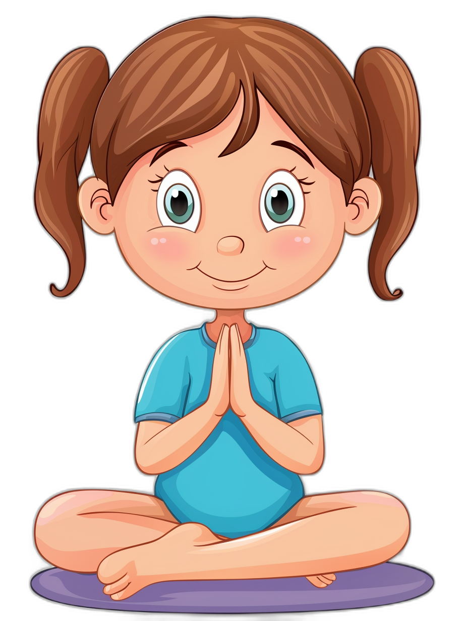 cartoon girl doing yoga in the style of clip art, simple drawing for kids, black background, cute and smiling face with open eyes, wearing a blue tshirt and purple pants, hands folded in front of chest like praying, sitting on a mat or floor