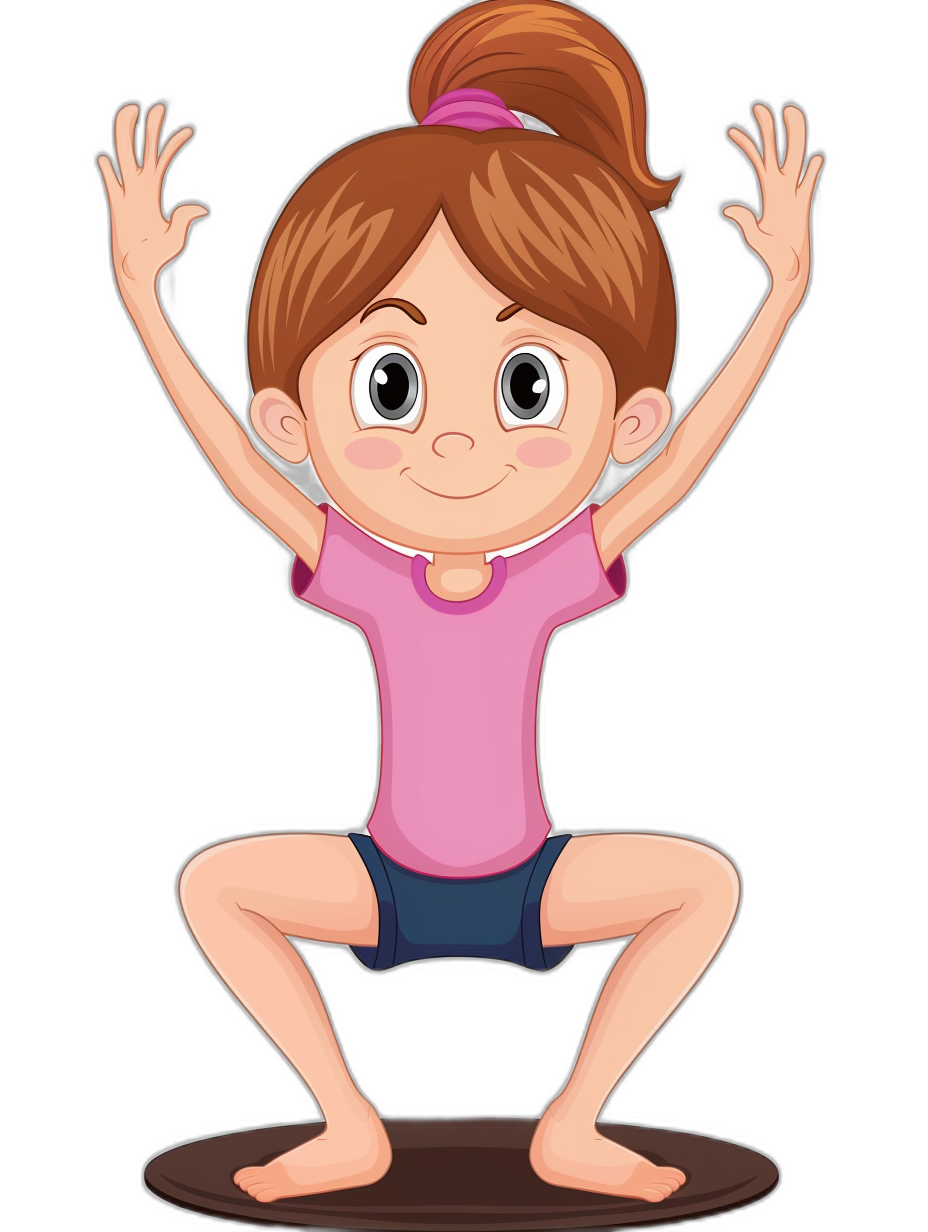 A cartoon girl doing yoga, vector illustration with black background, cute and adorable little brown hair wearing pink shirt dark blue shorts stretching her legs on the ground, hands up in front of head, smiling expression.