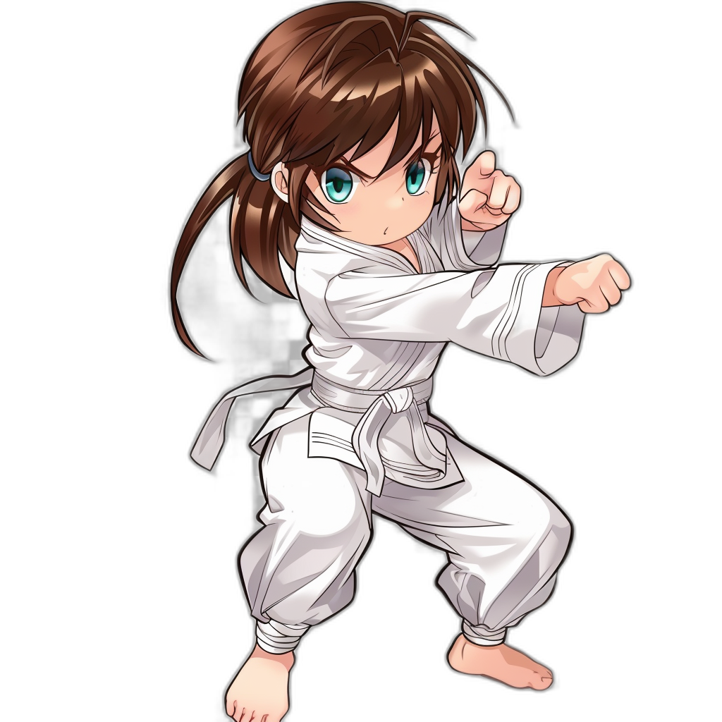 anime girl doing karate, white pants and belt, brown hair in ponytail with bangs, blue eyes, simple design on black background, chibi style, no outline, full body shot