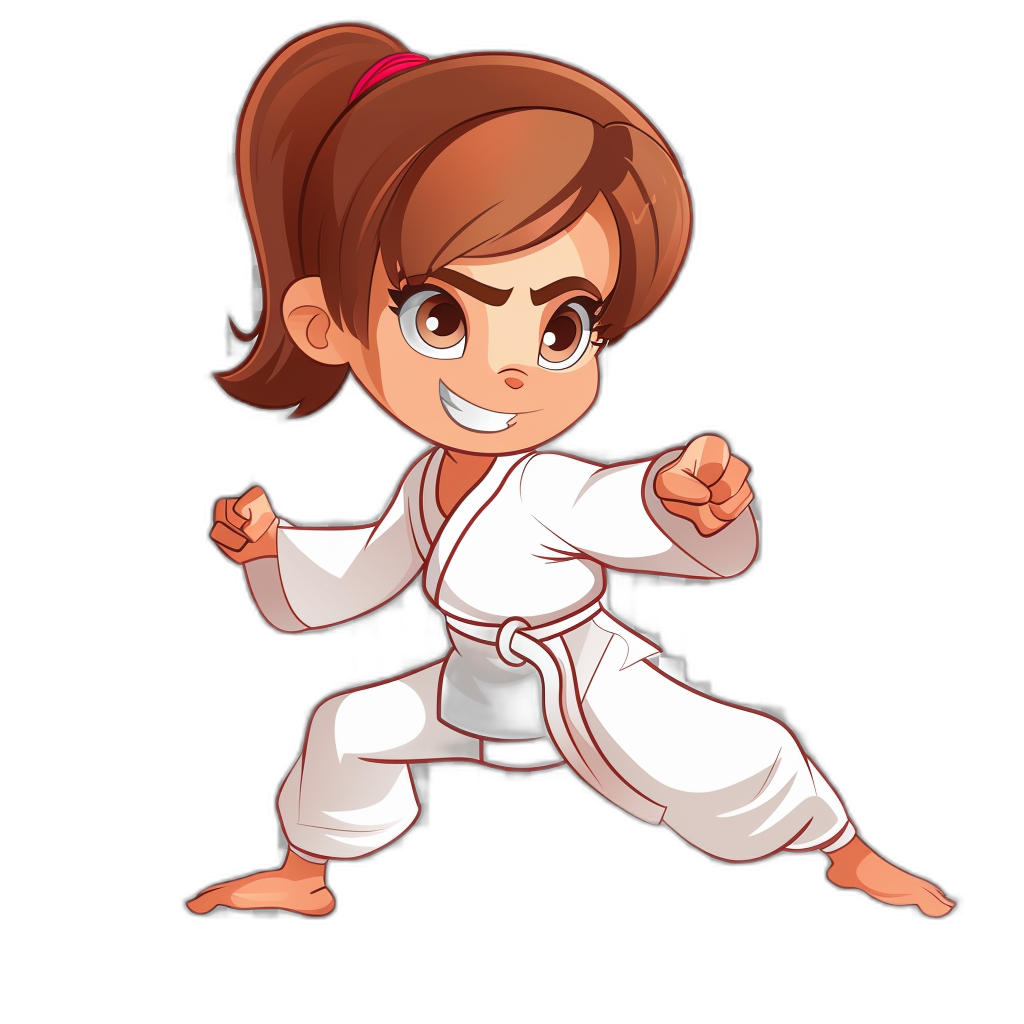 cartoon girl doing karate, vector illustration, black background, white outfit with belt and brown hair color, cute eyes in the style of bDash Edrya