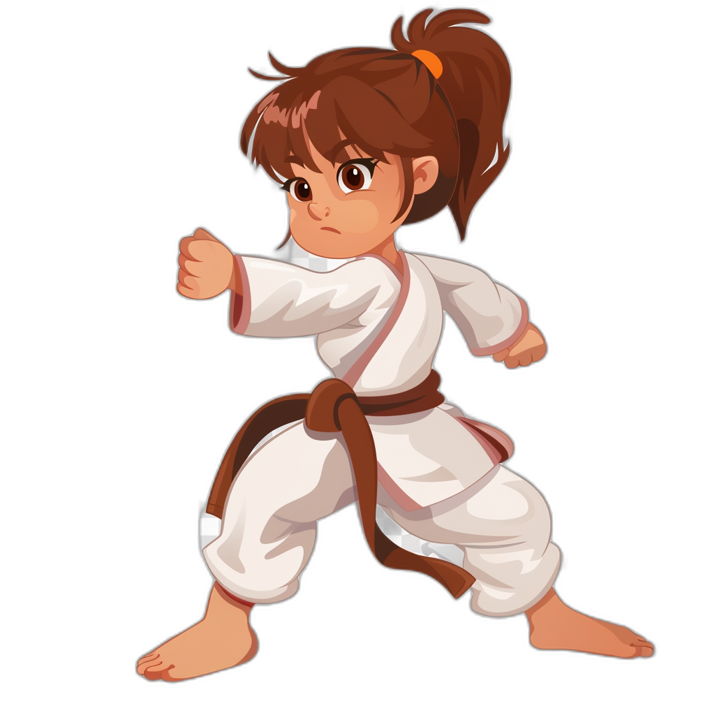 A cute little girl in a white karate outfit with a brown belt, doing martial arts moves. Vector illustration in the style of Disney Pixar studio, clean black background.